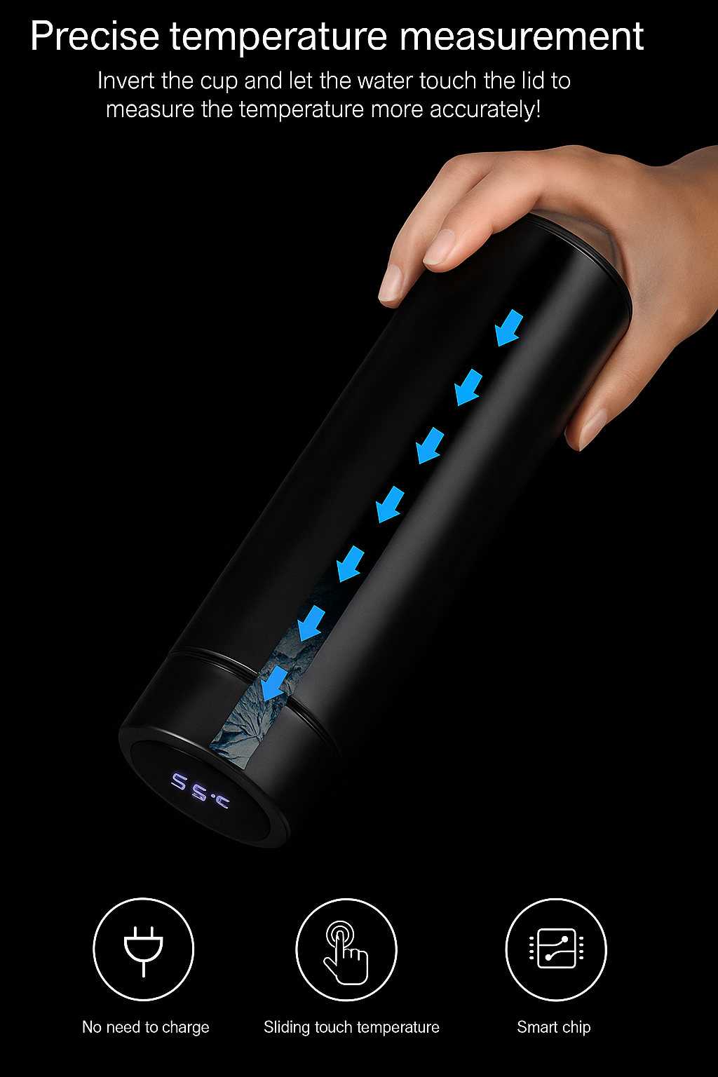 Stainless Steel Water Bottle With Led Temperature Display, Double Wall Vacuum Insulated Water Bottle (Pure Black), 500 ML