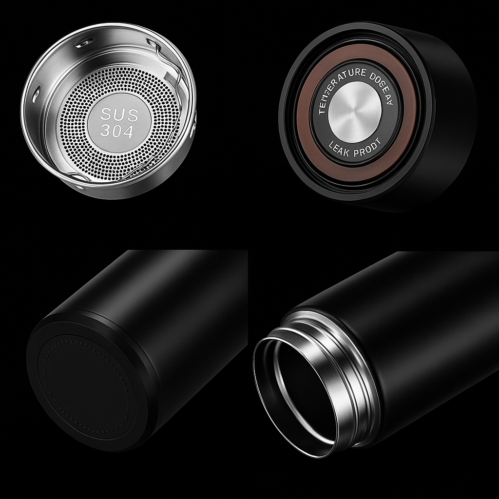 Stainless Steel Water Bottle With Led Temperature Display, Double Wall Vacuum Insulated Water Bottle (Pure Black), 500 ML