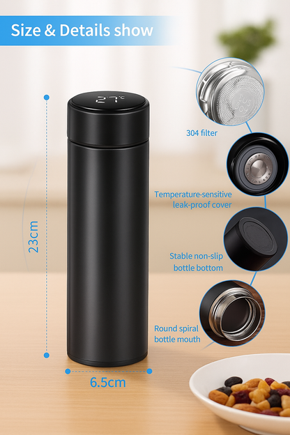 Stainless Steel Water Bottle With Led Temperature Display, Double Wall Vacuum Insulated Water Bottle (Pure Black), 500 ML